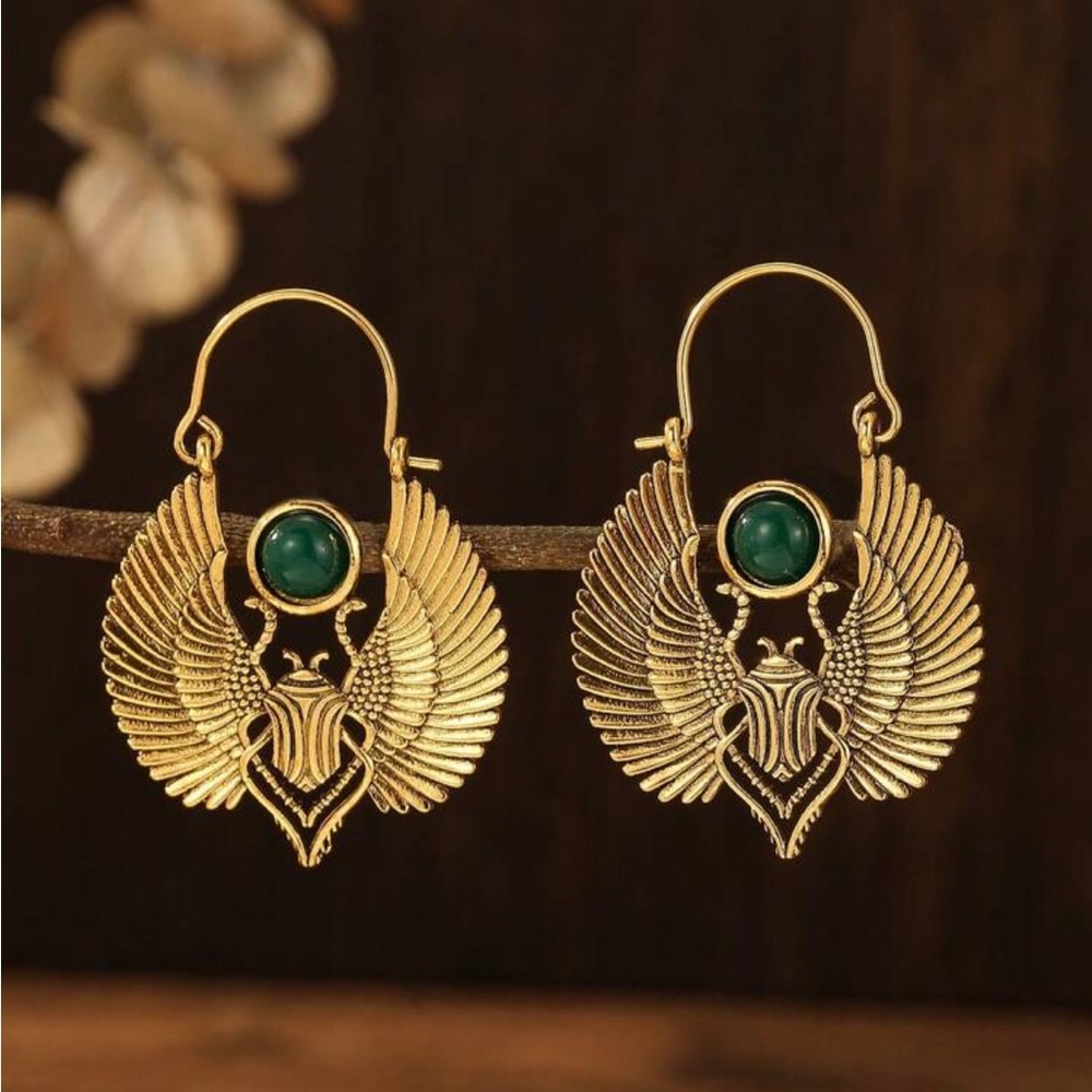 New Gold Egyptian-Inspired Winged Earrings with Green Gem Crystal